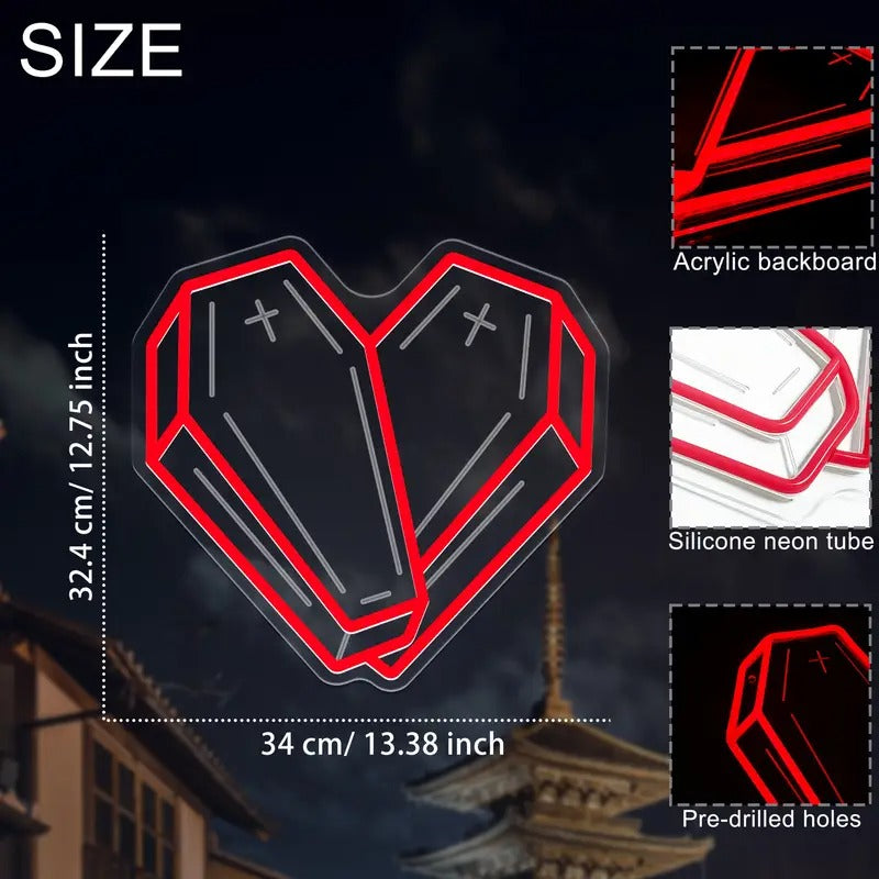 1pc Gothic Heart Coffin LED Neon Sign - USB-Powered Gothic Bedroom, Living Room, Party Decor - Easy Button Control, Wall-Mountable Dark Decor Lighting - Perfect Halloween Decoration & Goth Lover Gift Idea, Bold Visual Impact, Polished Metal Finish