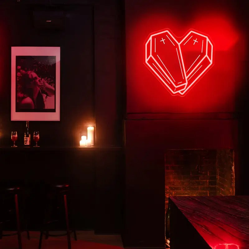 1pc Gothic Heart Coffin LED Neon Sign - USB-Powered Gothic Bedroom, Living Room, Party Decor - Easy Button Control, Wall-Mountable Dark Decor Lighting - Perfect Halloween Decoration & Goth Lover Gift Idea, Bold Visual Impact, Polished Metal Finish